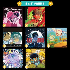 May include: Collection of 8 x 8 inch art prints featuring various anime-style illustrations. The prints showcase diverse themes, including romantic scenes, portraits, and whimsical characters. Each print has a unique color palette and design.