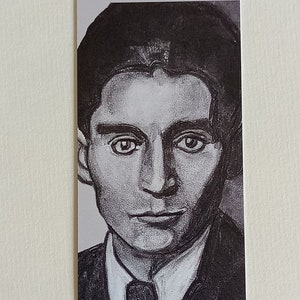 Franz Kafka bookmark, Franz Kafka bookmark, glossy paper print of my original charcoal drawing of Kafka in bookmark format