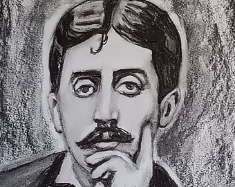 Marcel Proust, dessin original vintage au fusain d'écrivain français sur papier A3