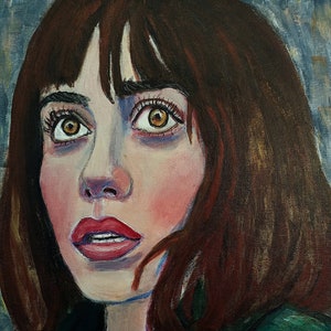 Pintura acrílica original sobre cartón lienzo, retrato de mujer expresiva, pintura romántica, retrato figurativo femenino, hecho a mano