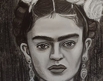Frida Kahlo original charcoal and white pastel painting, black and white painting, pop art Frida Kahlo, art deco, unique handmade art