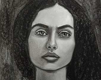 Original charcoal and white pastel art/portrait of beautiful woman with intense gaze/unique handmade art by professional artist, charcoal drawing