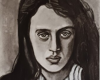 Charcoal drawing Vanessa Bell, sister of Virginia Woolf, Bloomsbury group London, England, vintage wall art