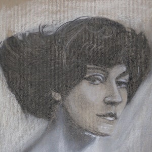 Dipinto della scrittrice francese Colette, disegno originale a carboncino e pastello bianco su carta Kraft formato A3