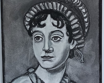 Jane Austen dessin original fusain et pastel, style vintage, portrait dessiné à la main d’écrivain classique anglais de 1800 siècle.
