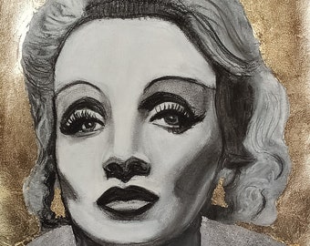 Original artwork Marlene Dietrich, charcoal and gold leaf painting 10 carat gold, handmade