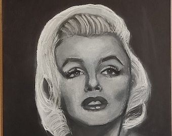 Marilyn Monroe, dibujo original del antiguo ícono de Hollywood, pastel blanco sobre papel negro