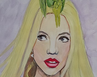 Portrait original watercolor painting of a blonde girl with a green canary on A3 paper