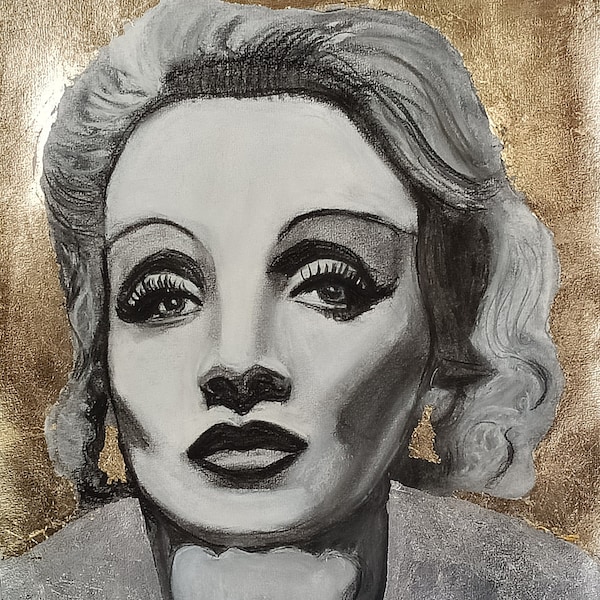 Original artwork Marlene Dietrich, charcoal and gold leaf painting 10 carat gold, handmade