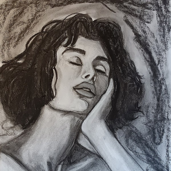 Dessin originale au fusain - portrait jeune femme sensuelle rêvant- œuvre d'art originale sur papier, grand format 42x59 cm, non encadrée