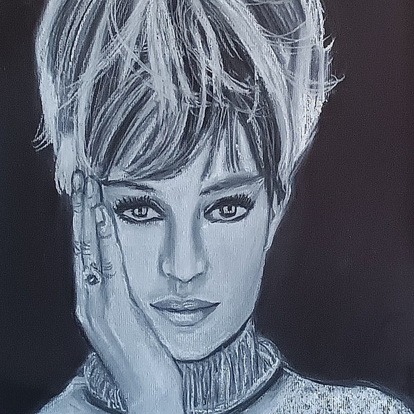 Tableau encadrée Monica Vitti, dessin fusain, pastel blanc sur papier noir, art originale fait main