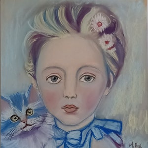 Dessin pastel fille au chat, pastel sec sur pastel card, art originale fait main, décor mural rococo, mode vintage, best art gift