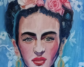 Frida Kahlo original oil pastel painting on linen canvas 33x41 cm, blue painting, pop art Frida Kahlo, art déco, unique handmade art