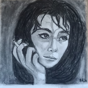 Original charcoal portrait of the French singer Juliette Greco, handmade original charcoal art