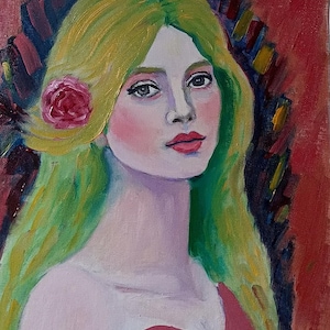 Peinture originale à l'huile d'une jeune fille à la rose par Marits portretter, huile sur carton entoilé 41x33 cm, œuvre unique signée