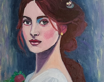 Pintura al óleo original de Maritsportretter de una chica romántica sobre un fondo floral azul, firmada y enmarcada en un hermoso marco plateado.