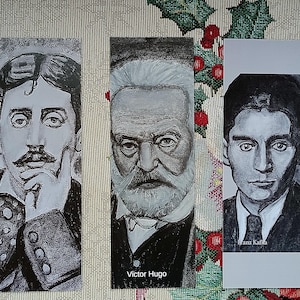 Set di tre segnalibri scrittore: Marcel Proust, Victor Hugo, Franz Kafka, stampa su carta lucida dei miei disegni originali a carboncino