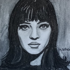 May include: Charcoal portrait of a woman with dark hair and bangs, rendered in shades of gray and black. The artwork captures the subject's facial features, including eyes, nose, and lips. The artist's signature is visible in the lower right corner.