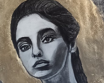 Original charcoal gold leaf art, portrait of beautiful woman with a intense look, charcoal, white pastel and metal gold leafs on art paper