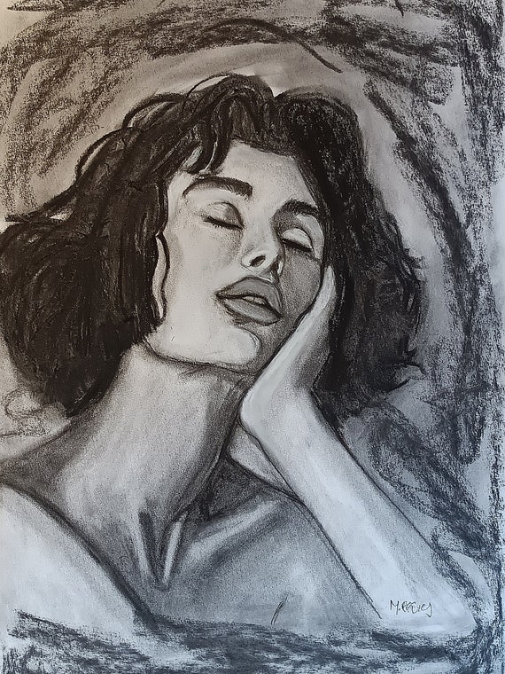 Dessin Original Au Fusain Années 70 - Portrait De Femme Expressionniste, à Identifier