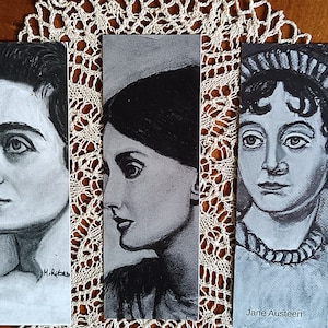 Set di tre segnalibri Virginia Woolf, Goliarda Sapienza, Jane Austen, arte originale al carbone, segnalibro di carta fatto a mano, regalo libresco