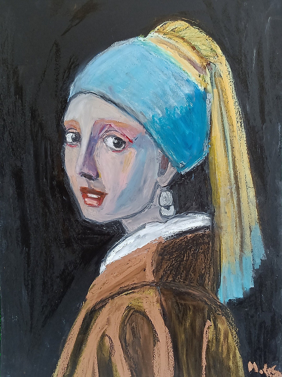 Girl With a Pearl Earring Oil Pastel on Black Paper Original - Etsy