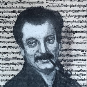 George Brassens, dibujo original a carboncillo sobre partitura pegada sobre cartón, 51x36 cm, obra de arte mural hecha a mano