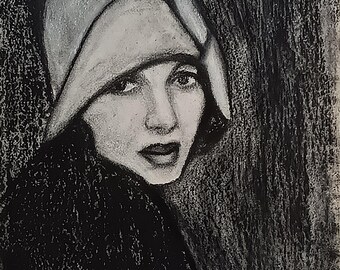Dibujo original al carboncillo, retrato de mujer de los años 20, arte contemporáneo original en estilo vintage, hecho a mano y firmado por el artista.