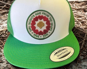 Vintage 1996 Girl Scout Snapback Hat – Give From Heart Patch – 90er Jahre grünes Trucker Cap