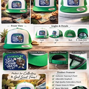K&ouml;nnte beinhalten: Gr&uuml;n-wei&szlig;e Snapback-Kappe mit einem Aufn&auml;her mit der Aufschrift "COOKIES '97 CATCH YOUR DREAM". Die Kappe hat ein klassisches gr&uuml;n-wei&szlig;es Farbschema und einen Retro-Stil der 90er Jahre. Yupoong 5-Panel-Design mit verstellbarem Snapback-Verschluss.