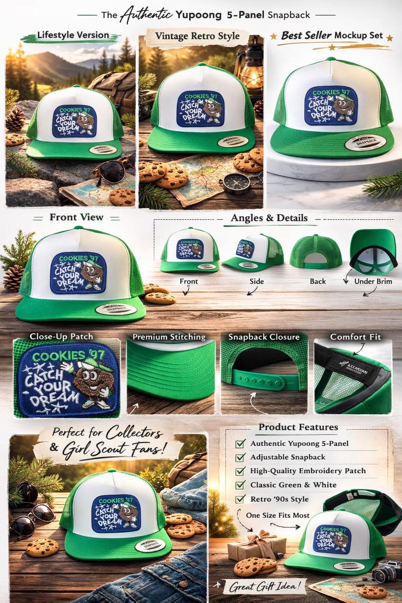 K&ouml;nnte beinhalten: Gr&uuml;n-wei&szlig;e Snapback-Kappe mit einem Aufn&auml;her mit der Aufschrift "COOKIES '97 CATCH YOUR DREAM". Die Kappe hat ein klassisches gr&uuml;n-wei&szlig;es Farbschema und einen Retro-Stil der 90er Jahre. Yupoong 5-Panel-Design mit verstellbarem Snapback-Verschluss.