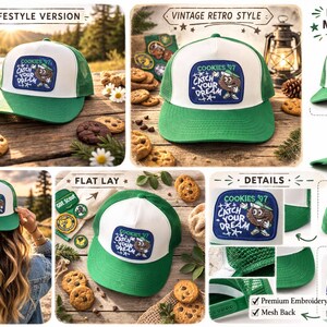 K&ouml;nnte beinhalten: Gr&uuml;n-wei&szlig;e Trucker-Cap mit einem Aufn&auml;her mit der Aufschrift "COOKIES '97 CATCH YOUR DREAM". Die Cap hat einen Mesh-R&uuml;cken und einen Snapback-Verschluss. Das Bild zeigt die Cap in verschiedenen Ansichten, einschlie&szlig;lich einer Lifestyle-Aufnahme mit Keksen.
