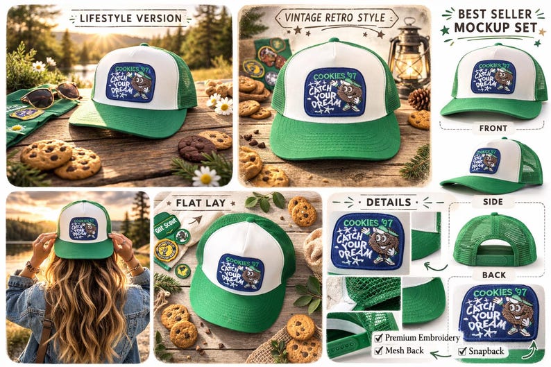 K&ouml;nnte beinhalten: Gr&uuml;n-wei&szlig;e Trucker-Cap mit einem Aufn&auml;her mit der Aufschrift "COOKIES '97 CATCH YOUR DREAM". Die Cap hat einen Mesh-R&uuml;cken und einen Snapback-Verschluss. Das Bild zeigt die Cap in verschiedenen Ansichten, einschlie&szlig;lich einer Lifestyle-Aufnahme mit Keksen.