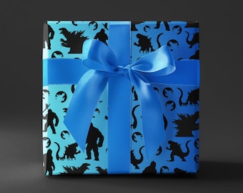 Kong vs Zilla Birthday Wrapping Paper: Blue Monster Gift Wrap