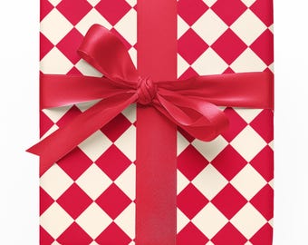 Red Harlequin Wrapping Paper | Vintage Diamond Pattern Gift Wrap | Classic Checker Print Wrapping Paper | Bold Red Party Gift Wrap