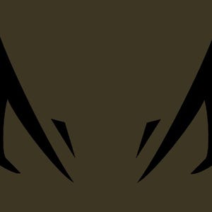 May include: Black stylized graphic of two symmetrical shapes resembling animal ears or horns, set against a muted olive-green background. The shapes have sharp angles and a modern, minimalist design.