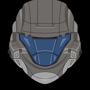 May include: A gray and blue futuristic helmet with a visor. The helmet has a sleek, modern design with a variety of details.