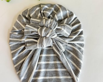 Gray Striped Baby Turban, Soft Knit Cotton Knotted Headwrap