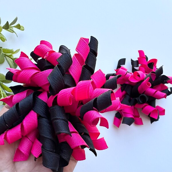 Curly Hairbow, Black and Hotpink curly hairbow, Toddler Piggy set, Korker Hairbow