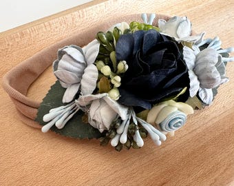 Navy Blue Floral Baby Headband, Newborn Photography Prop