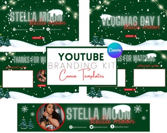 YouTube Branding Kit | Editable Banners, Intros and Outros | 8 Editable Canva Templates | Vlogmas Christmas Red and Green