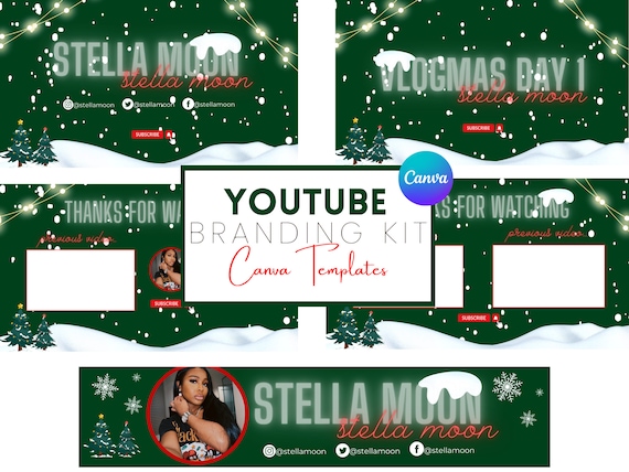 YouTube Branding Kit | Editable Banners, Intros and Outros | 8 Editable Canva Templates | Vlogmas Christmas Red and Green