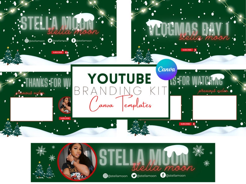 YouTube Branding Kit | Editable Banners, Intros and Outros | 8 Editable Canva Templates | Vlogmas Christmas Red and Green image 1