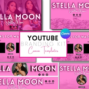 May include: A collection of pink YouTube branding templates featuring the name "STELLA MOON" in a bold, white font. The templates include various layouts with social media icons and the word "Canva".