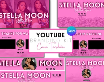 YouTube Branding Kit | Editable Banners, Intros and Outros | 8 Editable Canva Template | PINK