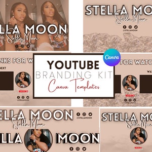 May include: A YouTube branding kit with templates for end screens and intro screens. The templates feature a brown background with a woman's face in a circle and the text "Stella Moon" in a bold, white font.