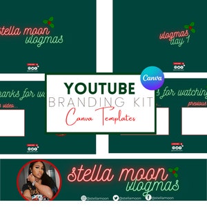 May include: A green and red YouTube branding kit with the text "stella moon vlogmas" in neon pink lettering. The kit includes a title card, end screen, and intro screen. The kit is designed for use on YouTube.