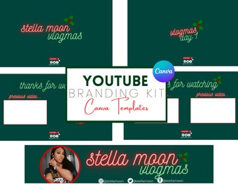 May include: A green and red YouTube branding kit with the text "stella moon vlogmas" in neon pink lettering. The kit includes a title card, end screen, and intro screen. The kit is designed for use on YouTube.