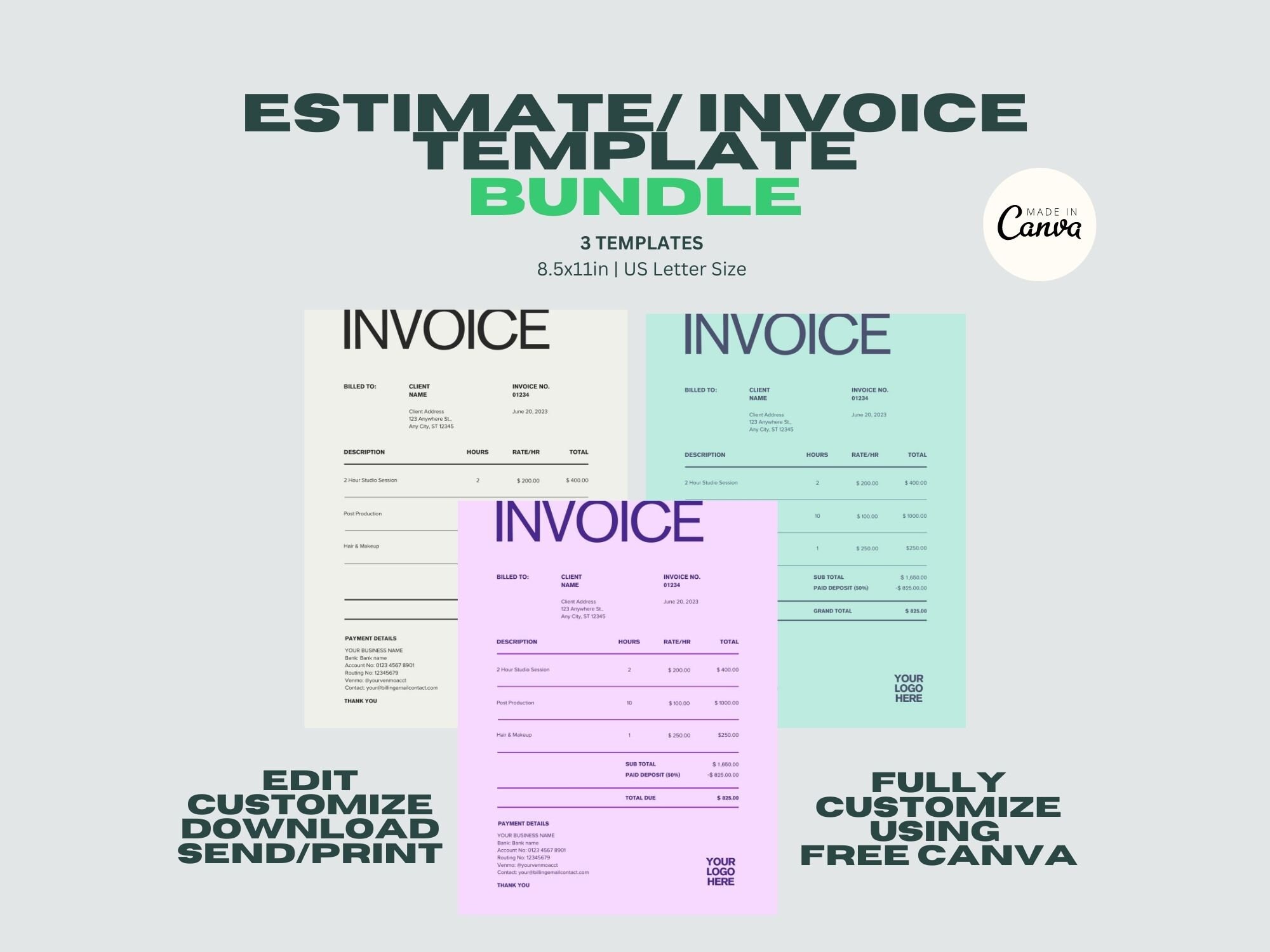 Invoice Template Bundle, Editable Invoice, Canva Template, Invoice ...