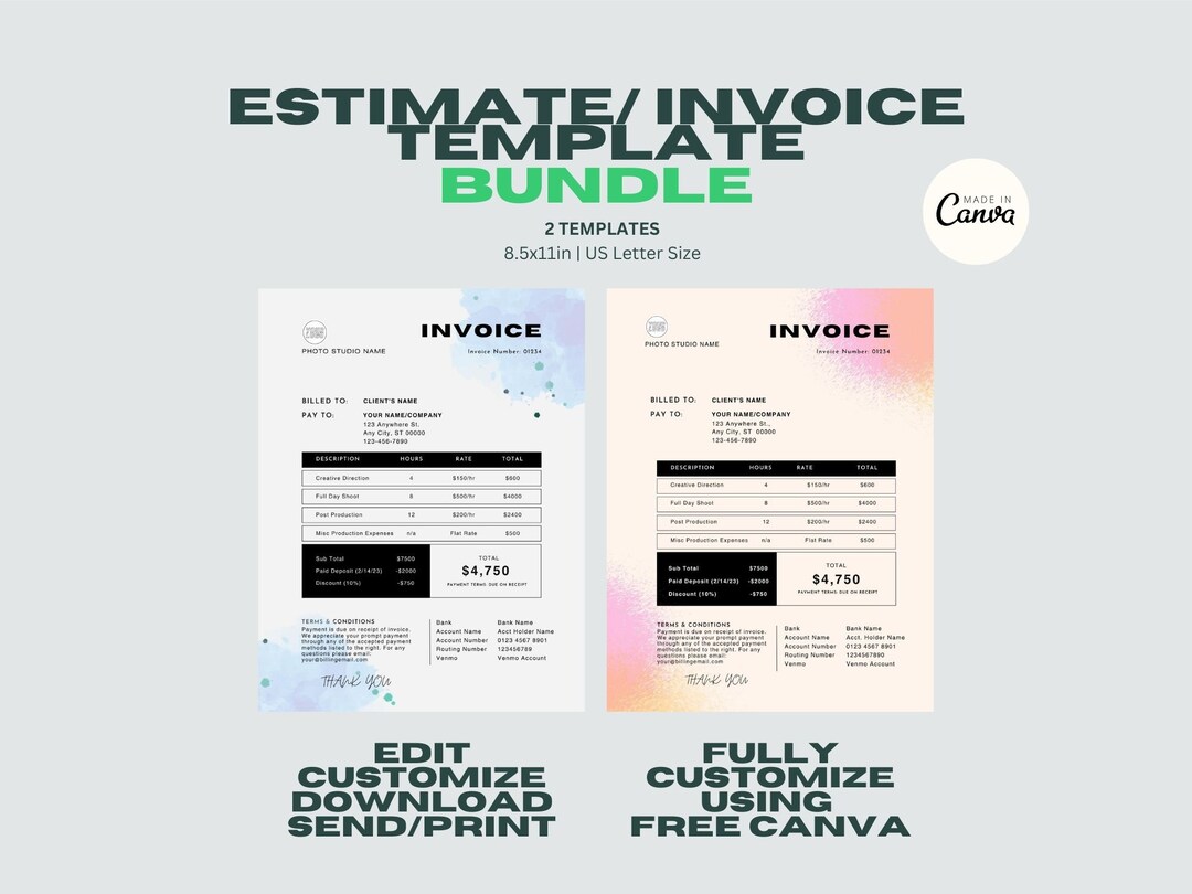 Invoice Template Bundle, Editable Invoice, Canva Template, Invoice ...